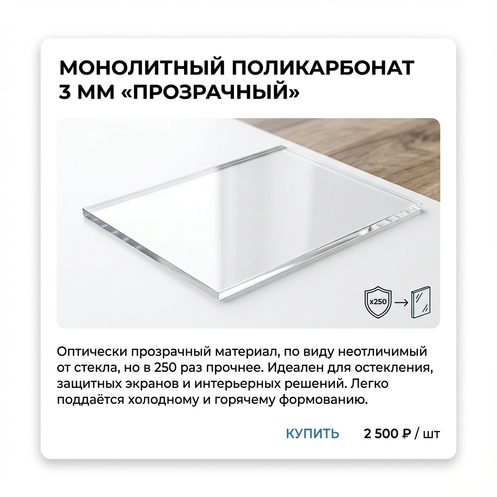 Монолитный поликарбонат 3 мм «Прозрачный»